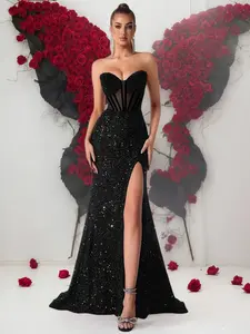 Sparkling Backless Halter Dress, Sleeveless Long Split Evening Gown, Formal Party Wear, Elegant Women's Prom Dress, No Shoulder Straps, Elegance