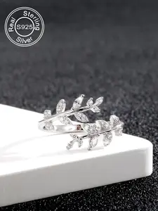 S925 Sterling Silver Leaf Design Cuff Ring, Fashionable Adjustable Statement Rings for Women & Girls, Elegant Fashion Rings, Casual Jewelry for Party, Daily Clothing Decor, Trendy All-match & Exquisite Jewelry for Birthday Gift