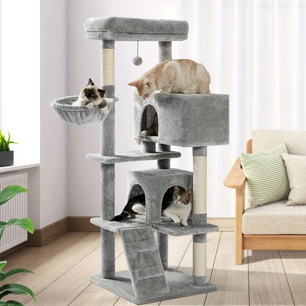 56.3" Cat Tree for Large Cats with Super Large Top Perch, Multi-Level Cat Tower for Indoor Cats with Hammock And Top Perch, Cat Shelves with Scratching Posts And 2 Condo Houses for Large Cat And Kittens