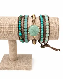 Pulsera Boho Envolvente de 5 Vueltas con Piedra Natural Verde y Cuentas Turquesa Ajustable para Mujer