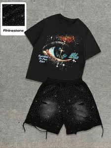 Men's Casual Graphic Tee & Shorts Set, All-Over Print, Rhinestone Decorations, Ripped Details, Fashion Streetwear for All Seasons