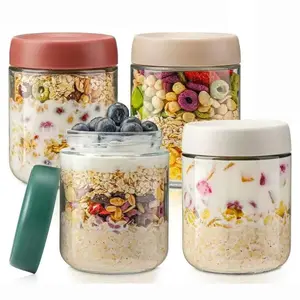 Overnight Oats Containers with Lids,16oz Glass Jars with Lids - Set Of 4, Practical Oatmeal Container to Go, Chia Seed Pudding Jars, Food Containers, with Spoon and Marker