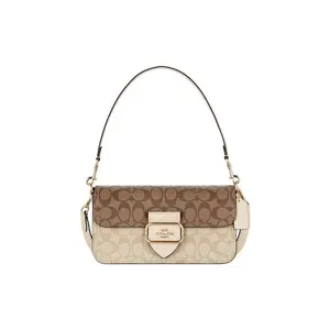 COACH Morgan 27 Classic Monogram Snap-Clasp Canvas and Leather Caramel Crossbody Handbag for Women, Large Size, Light Khaki