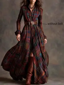 Women's Fall Winter Fashion Plaid Long Dress, Vintage Style Buttoned Slim Fit Shirt Dress, Perfect for Parties and Gatherings