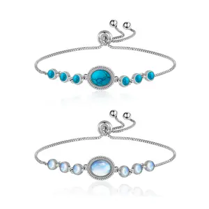 S925 Sterling Silver Turquoise/Moonstone Bracelets,Adjustable Chain Bracelet,Dainty Jewelry,Daily Wearing,Suitable For All Occasion