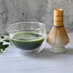 Spouted Glass Matcha Set - Japanese Matcha Bowl, Bamboo Whisk & Holder - Handcrafted 100 Prongs Chasen, Clear Glass for Green & Flower Teas, 4.75" Diameter, 16 oz Capacity, Dishwasher & Microwave Safe