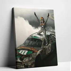Nascar Kyle Busch #18 Indiana Jones Car Canvas Wall Art, Smoky Victory Celebration Racing Poster, Decor for Living Room, Bedroom, Man Cave, Office, Dorm, Game Room, Bar
