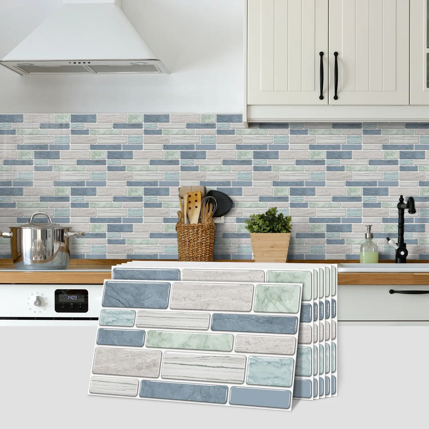 6/12/24/48 PCS Vintage FG Tile Stickers, Light Blue & Green Morandi Splice, PVC Crystal Film, Peel & Stick Backsplash, Waterproof Oil-Proof DIY Self-Adhesive Wall Decor
