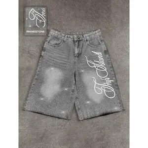 Casual Rhinestone Embellished Letter Embroidery Jorts, American Street Style High Waist Button-Fly Denim Shorts for All Seasons, Fashion Daily Wear, Y2K Vintage Washed Distressed Denim Shorts with Sparkle Rhinestones, Loose Fit Straight Leg Capris for Wom