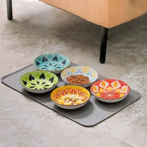 5 Ceramic Cat Bowls with Silicone Mat, 5.5 inch Wide Shallow Cat Food Bowl for Whisker Relief