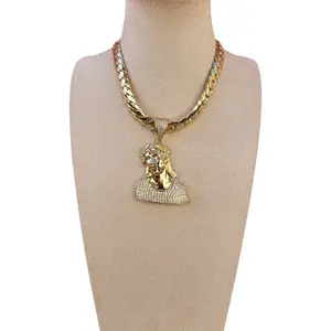 Cuban Chain with Jesús Pendant 24 Inches Metal Coated Necklace for Men Daily Wear Fashion Accessory Gift Gold Plated Amulet