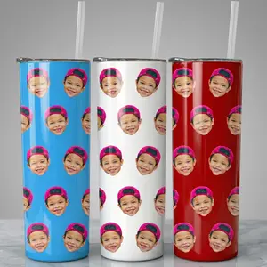 Bojjico Custom Face Tumbler Personalized Skinny Cup With Straw For Women Men Parents Cute Quirky Novelty Aesthetic Blue White Red Stainless Steel Insulated Baby Face Tumbler Custom Photo Drinkware Personalized Picture Cup Unique Family Gift
