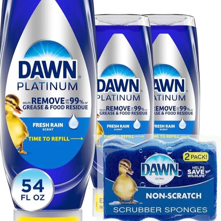 Dawn Dish Soap Squeeze Bottle, EZ-Squeeze Platinum Dish Soap Liquid+Non-Scratch Sponges for Dishes, Fresh Rain, Includes 3x18oz Bottles+2 Sponges
