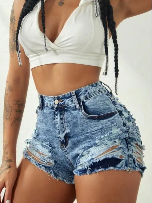 Apperloth Studio Women's high-waisted ripped denim shorts, with frayed hems and distressed details-Casual stretch denim shorts, perfect for summer nightclub and street style