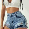 Apperloth Studio Women's high-waisted ripped denim shorts, with frayed hems and distressed details-Casual stretch denim shorts, perfect for summer nightclub and street style
