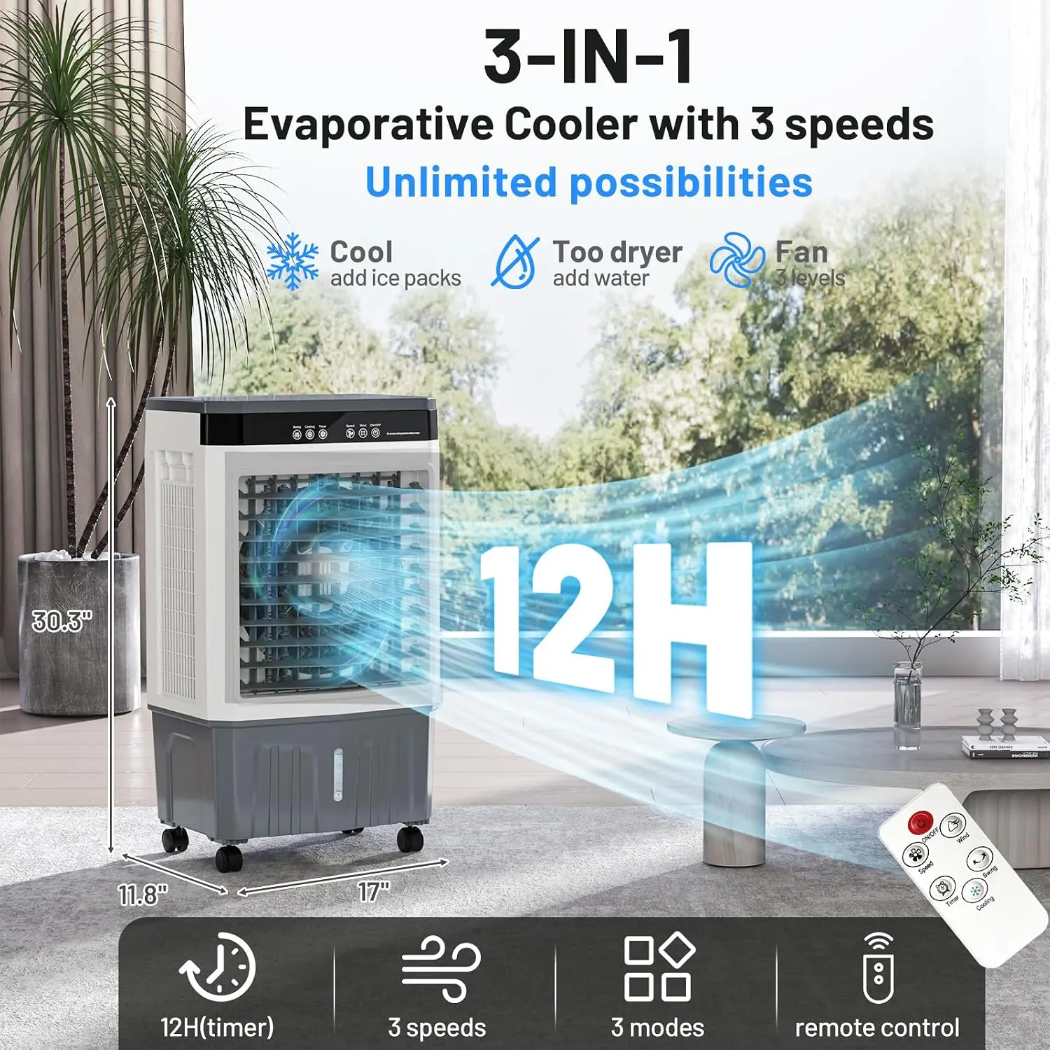 VCJ 2800CFM Evaporative Air Cooler, 8.6 Gal 3 IN 1 Windowless Portable Swamp Cooler Air Conditioner,120° Oscillation, 3 Speeds, 12H Timer, 6 Ice Packs, Air Cooling Fan for Bedroom Room Office Garage
