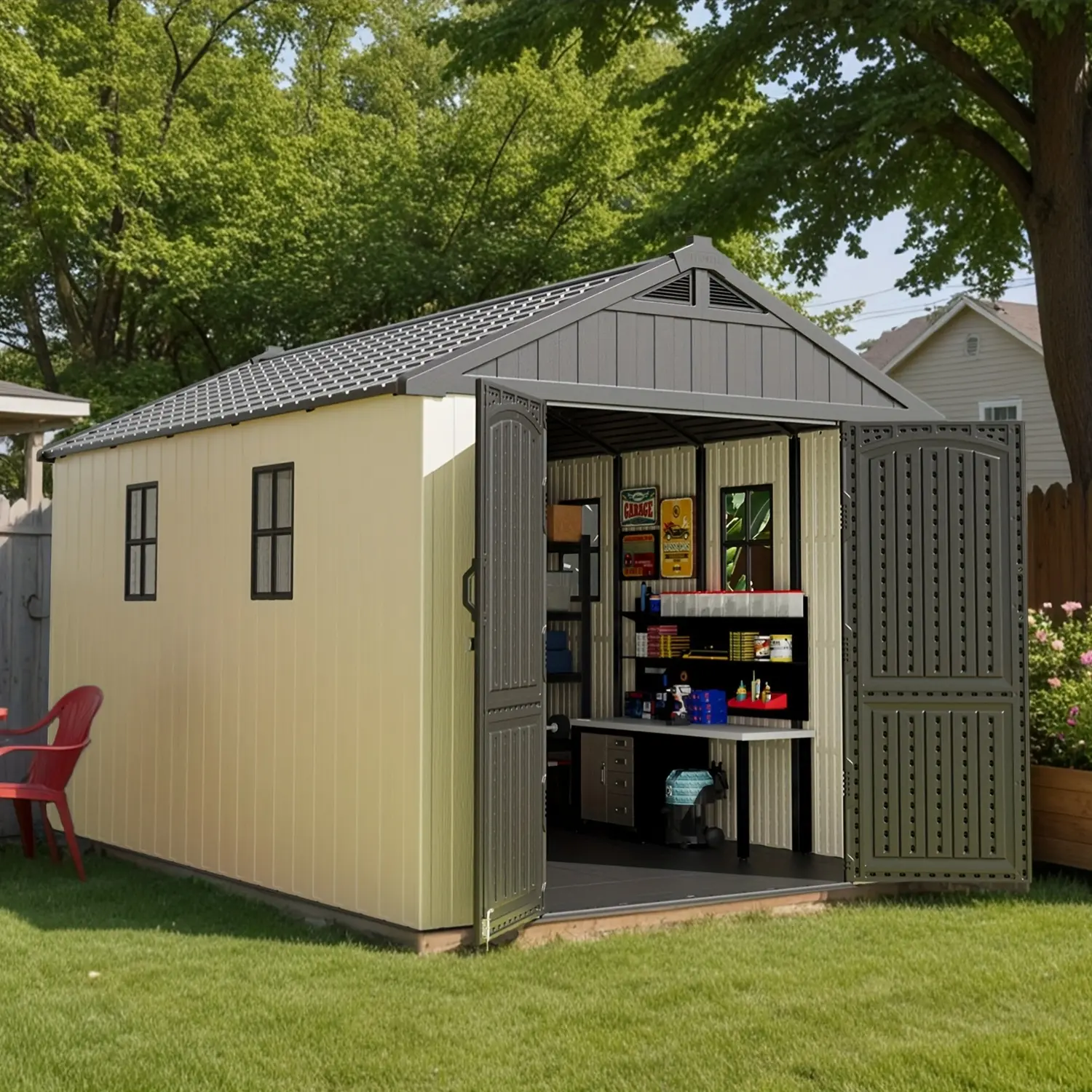 Victone 12 X 8 FT Plastic Outdoor Storage Sheds & Greenhouse with Lockable Doors, Floor Frames, Large Steel Yard Shed, Utility And Tool Storage for Garden, Backyard, Patio, Outside Use, Black Fridays Items Free Shipping