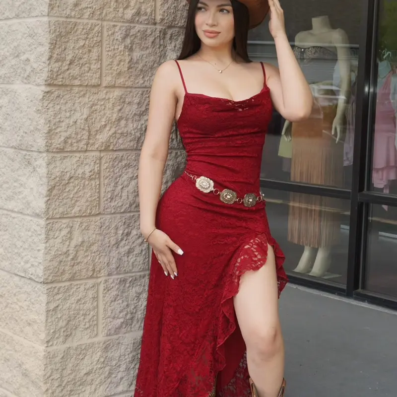 Women's Lace Ruffle Midi Dress - Casual Style - Womenswear