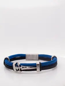 Unisex Modern Dual-Tone Woven Bracelet - Blue & Black with Sleek Stainless Steel Cross Charm, Stackable Bracelets, Elegant Minimalist Bangle, Trendy Stack Bangle for Everyday Wear or Thanksgiving Gifting
