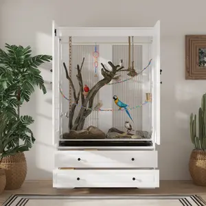 FUFU&GAGA 63" Tall Wooden Bird Cage with Storage Drawers, Large Indoor Aviary with Pull-Out Tray for Parrots, Budgies and Small Birds