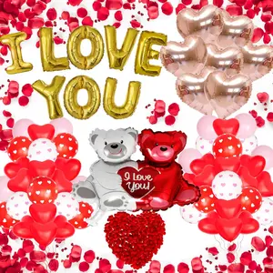 Valentines Balloons Kit with I Love You Balloons Heart Balloon Bear Balloon Pink Balloons 1000pcs Rose Petals for Valentines Decorations