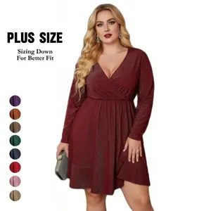 Plus Size Women's Black Glitter Dress V Neck Long Sleeve Ruffle Hem Swing Club Cocktail Party Dresses Formal Fit Soft Fabric Comfy Womenwear Nylon Spandex Stretchy Mother Bride Dress Quinceanera Dress Prom Wedding Guest Dresses Womenswear Wrap