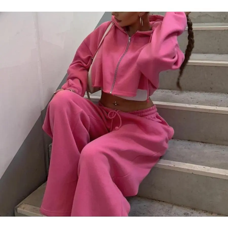 Women Solid Zip Up Crop Drawstring Hoodie Drawstring Waist Sweatpants Two Piece Set Soft Cozy Breathable Casual Outfit Fall Winter Daily Outdoor Airport Travel Matching Tracksuit..