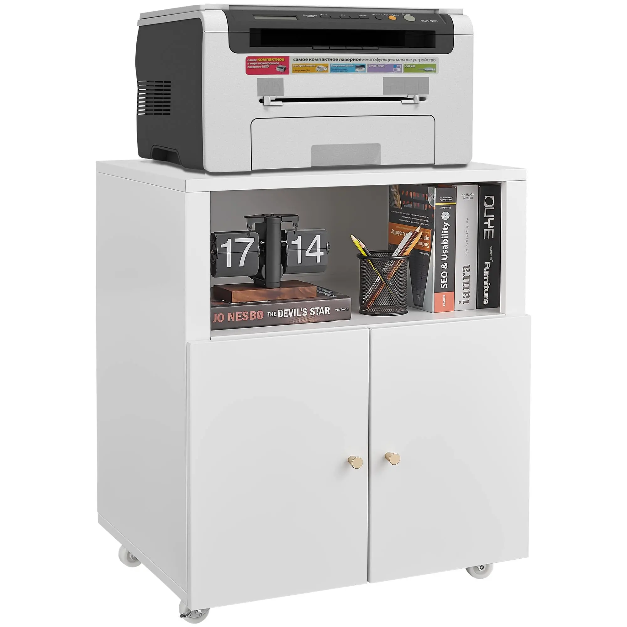 Metal Printer Cabinet with Storage, Heavy Duty Rolling 3D Printer Stand with 2 Doors, Under Desk File Cabinet for Home Office Corner and Small Spaces, White/Black