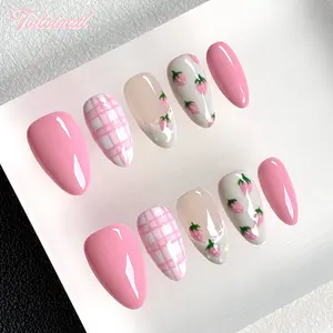 Strawberry Milk Handmade Press‑On Acrylic Nails | Short Almond Shape, 10pcs | Baby Pink Solid & Plaid Base with Hand‑Painted Strawberry & Milk Splash, Sweet Kawaii Aesthetic, Ideal for Daily & Dating Wear, Reusable False Nails