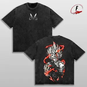 Vintage Washed Majin Vegeta Graphic Tee - Menswear Aesthetic Dragon Classic Drape Oversized Heavy Cotton DBZ Streetwear Saiyan Pump Cover Sports Top Gift