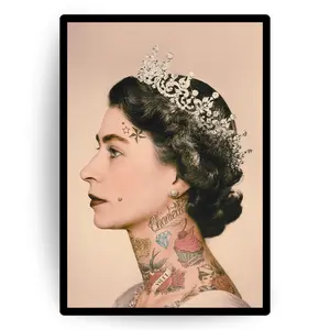 Tattooed Queen Elizabeth Portrait Poster with Crown and Retro Aesthetic for Alternative Wall Art, Punk Decor, and Vintage-Inspired