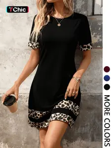 Women's Solid Color Mini Dress with Leopard Print Contrast Panels, Crew Neck, Short Sleeves, Contrast Leopard Cuff & Hem, Straight Cut, Soft Stretchy Breathable Knit Fabric, Casual Daily, Office Commute & Weekend Gathering Wear