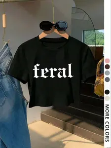 Women's Letter Printed Round Neck Crop Top, Casual Slim Fit Short Sleeve T-Shirt, Summer Daily Wear, Ladies Fashion Clothing, Womenswear