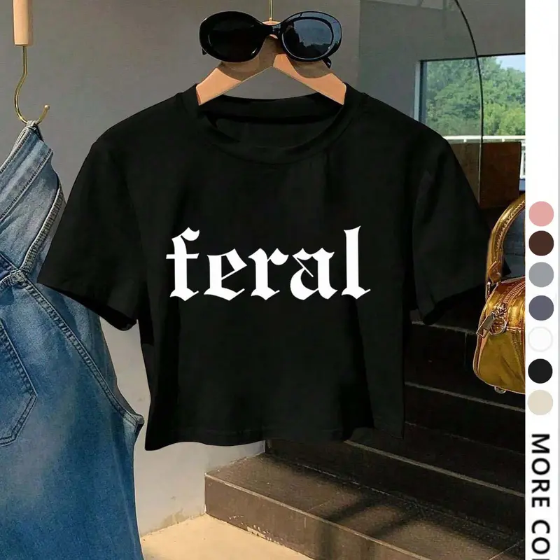 Women's Letter Printed Round Neck Crop Top, Casual Streetwear Slim Fit Short Sleeve T-Shirt, Summer Daily Wear, Ladies Fashion Clothing, Womenswear
