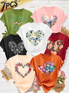 Women's 7-Pack Crew Neck T-Shirts, Floral Heart, Watercolor Butterfly & Leafy Bird Print, Multiple Colors Available, Machine Washable, Spring & Summer Top, Soft Skin-Friendly Fabric, Daily Versatile, Fashion Design