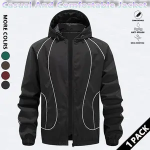 Men's solid color waterproof and windproof drawstring zipper hooded jacket, trendy striped print casual long-sleeved jacket with zipper pockets, suitable for outdoor activities, all year round.