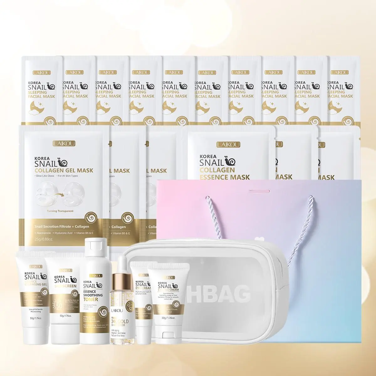 Laikou Korean Snail Skincare Set, Facial Care Set, Face Care Kit, Moisturizing Hydrating Kit, Includes Cleanser, Toner, Eye Cream, Serum, Moisturizer, SPF, Gel Masks, and Cosmetic Bag, Skin Care Products