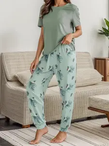 Two-Piece Set Women's Round Neck Coconut Print Pyjama Set, Solid Short Sleeve T-shirt & Pants Pj Set, Comfy Loungewear Sets, Summer Clothes Women