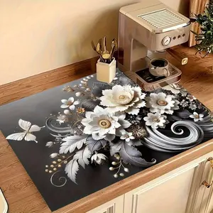 Absorbent Rubber-Backed Dish Drying Mat (72x52cm Dark Grey) - Stain-Hiding Kitchen Tableware Accessory, Fit Under Coffee Maker & Dish Rack, Coaster for Counter & Bar Decor