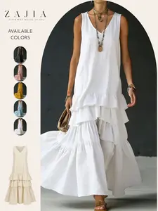 Women’s Boho Maxi Dress, Sleeveless V Neck Tiered Ruffle Dress, Flowy Beach Vacation for Summer, Stylish and Comfortable