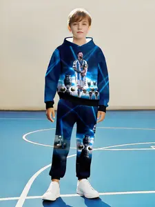 Boys' Hooded Sweatshirt and Jogger Set, Youth Kits, Fashionable Printed Design, Soft Fabric, Elastic Waist Pants, Casual Spring & Fall Wear, Clothing Sets
