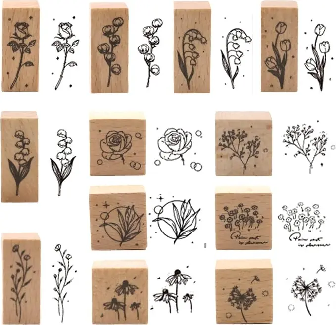 12 Pieces Vintage Wooden Flower Stamp Rubber Plant Decorative Mounted Rubber Stamp Set for DIY Craft, Letters Diary and Craft Scrapbooking