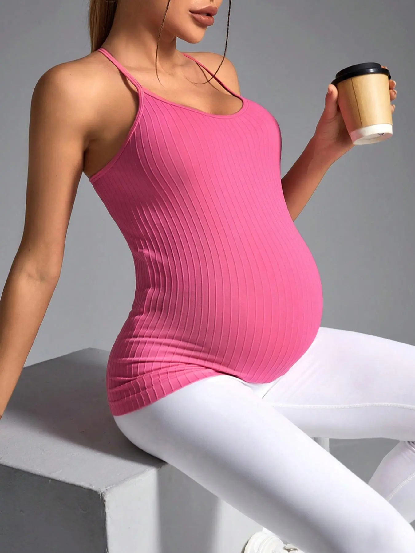 Maternity's Solid Ribbed Tank Top, Casual Comfy Breathable Sleeveless Pregnant Maternity Swimwear for Daily Wear, Maternity Clothing for All Seasons, Maternity Clothes, Pregnancy Clothes
