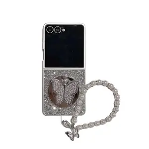Luxury Flash Drill Butterfly Phone Case with MagSafe Stand & Chain for Samsung Galaxy Z Flip3, Flip4, Flip5, Flip6, Flip7