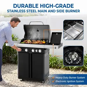IRONYAK 4+1 Burner Modern Stainless Steel Patio BBQ Grill - Porcelain-Enameled Cast Iron Grate, Side Burner, 570 Sq. In. Cooking Area, Electronic Ignition - Black & Silver Barbecue for Backyard Pro/Beginners