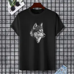 Husky Face Cute Dog Lover Men Women Black White T-Shirt, 100% Cotton, Single Side Printed, Black Short Sleeve T-shirt, Gift for Family Friends, S-XXXL, 1 pc, Fabric Weight 180g