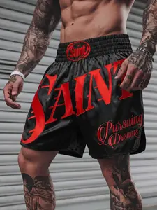 Men's Black Boxing Style Shorts with Red "SAINT" Print & "Pursuing Dreams" Slogan Casual Streetwear Satin-Like Quick Dry Gym Training Shorts Elastic Waist Breathable Summer Athletic Outfits #springsaledeals2026 #summeroutfits #gymwear #mensshorts