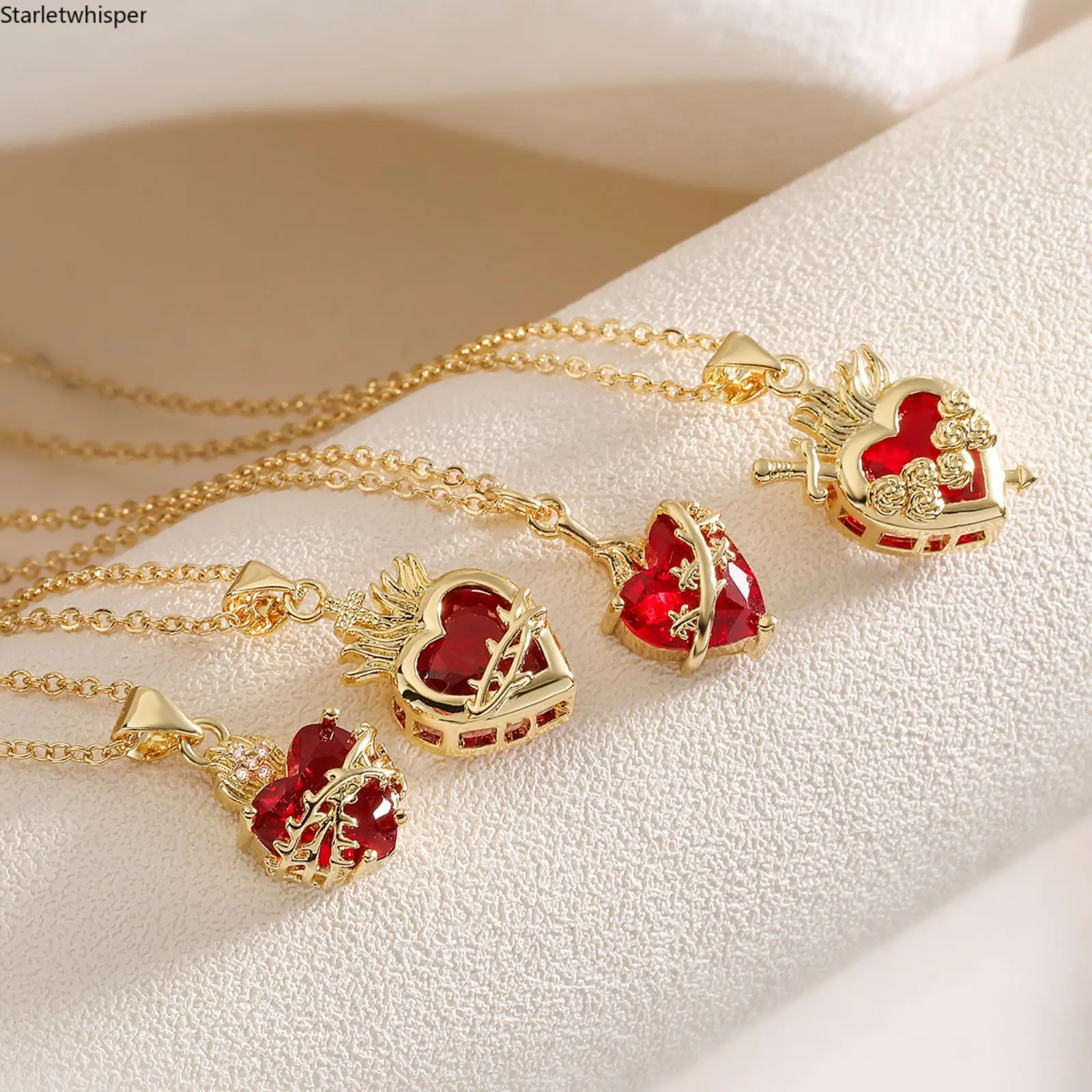 Women's 18K Gold Plated Heart Pendant Necklace, Copper Inlaid Red Zircon, Minimalist Trendy Jewelry, Delicate Unique Design Perfect for Daily Wear, Parties & Gift Giving