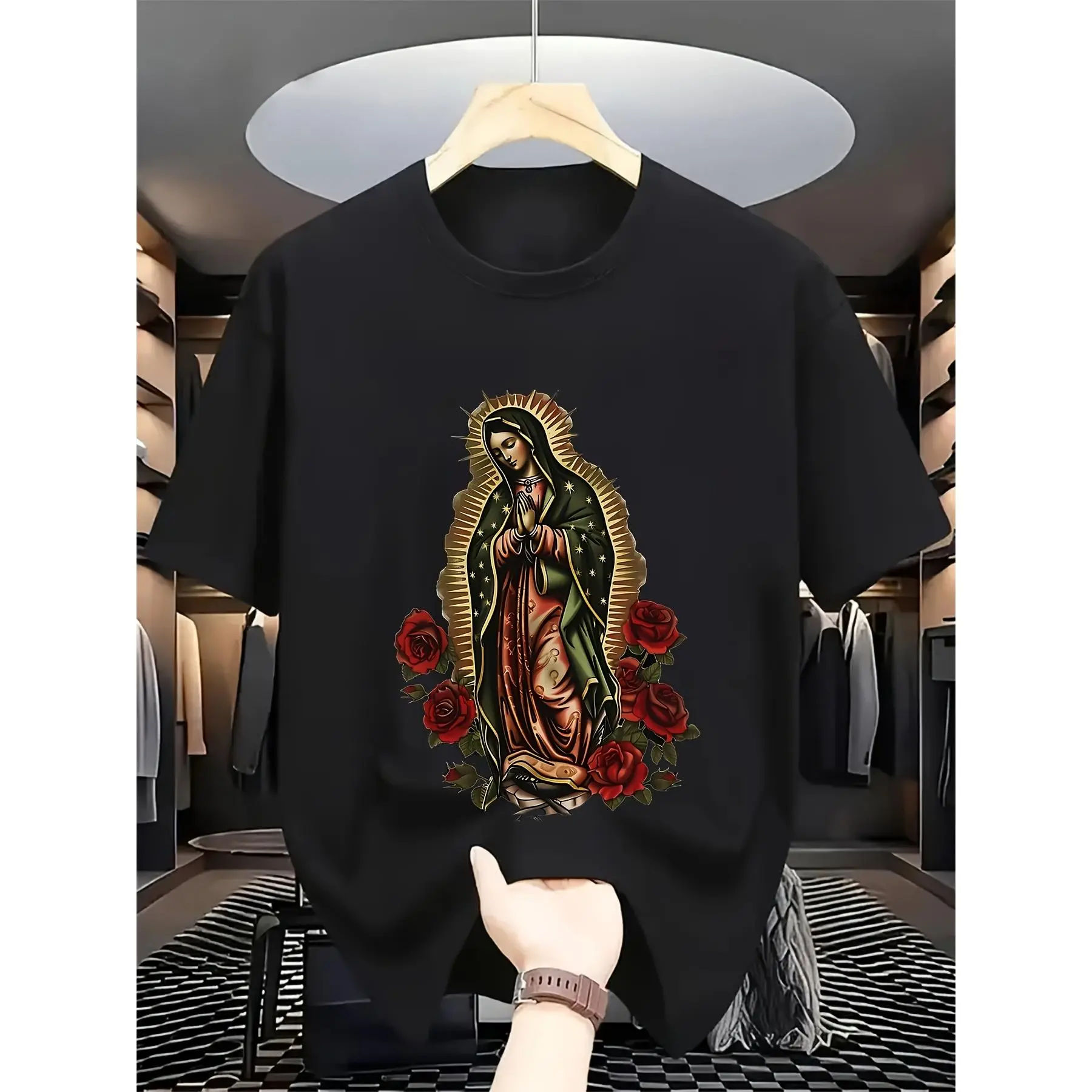 Women's 100% Cotton Unisex Our Lady of Guadalupe Print Graphic T-Shirt - Geometric, Minimalist, Elegant, Chic Religious Streetwear, Soft Moisture-Wicking Short-Sleeve, Classic Relaxed Fit, Heat Transfer, Long-Lasting, for Family Reunions, Thanksgiving