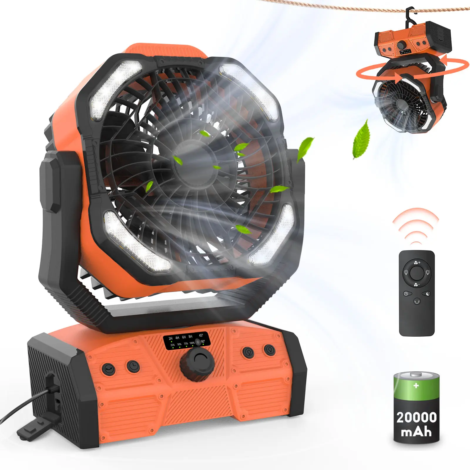 20000mAh Portable Camping Fan - Rechargeable Oscillating Battery Fan with Remote Control, LED Light, 4 Speeds, Timer, Type-C for Tent, Car, Hiking & Outdoor Use